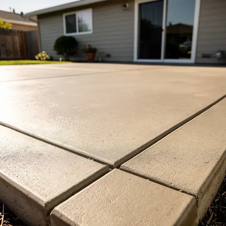 Close-up of a freshly finished concrete patio surface at a modest home in Redwood City, California