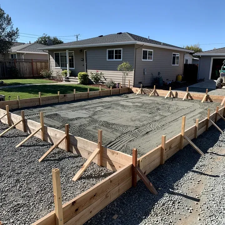 Wooden concrete forms set up for a driveway pour at a residential home in Redwood City, California
