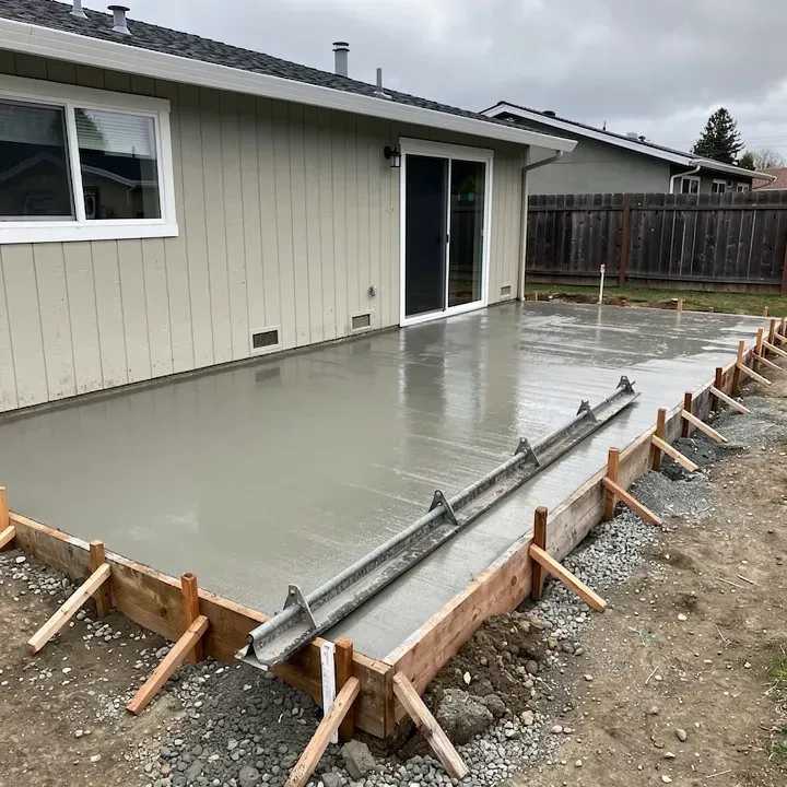 Freshly poured concrete patio slab under cloudy skies at a residential home in Redwood City, California