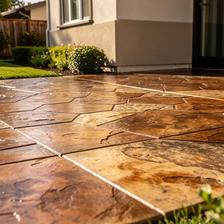 Close-up of a freshly finished stamped concrete surface with stone pattern at a home in Redwood City, CA