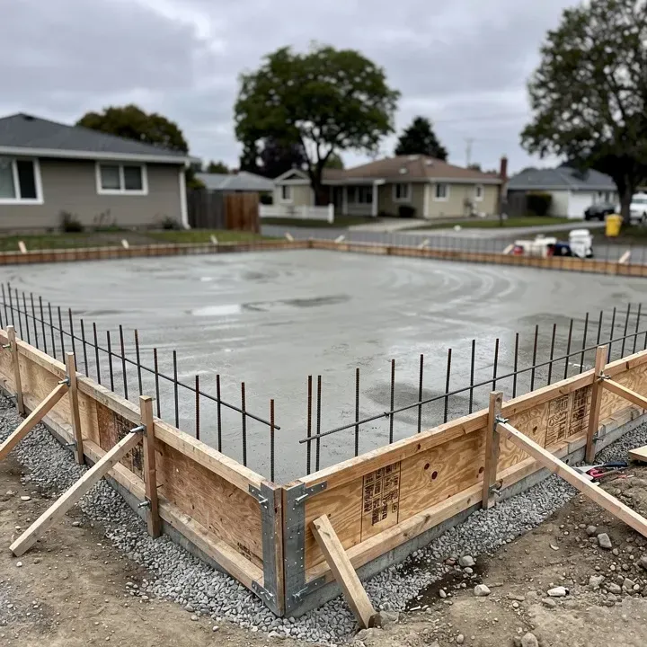 Freshly poured still-wet concrete foundation inside wooden formwork at a modest home in Redwood City, California
