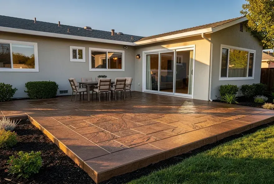 Newly finished stamped concrete patio with stone pattern at a residential home in Redwood City, CA