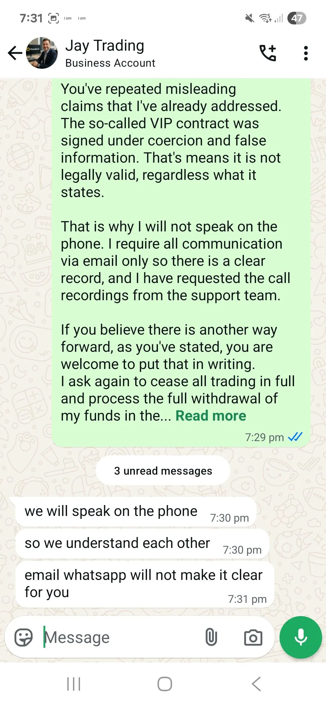 WhatsApp message from Jay Reddy refusing to provide written communication and insisting on a phone call instead, stating “email whatsapp will not make it clear for you.”