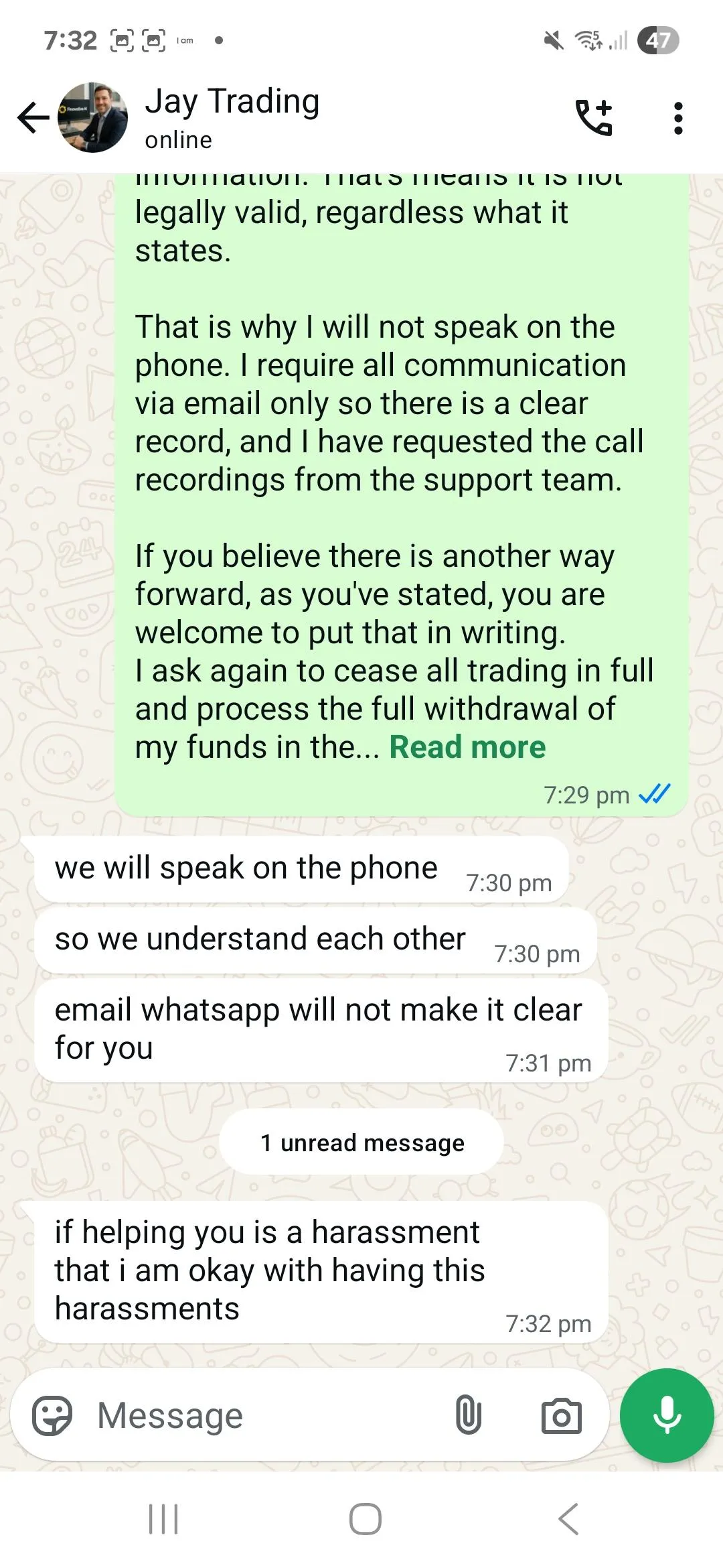 Jay Reddy dismisses a request for email-only communication and blames the victim for signing the contract, saying it's “too late” and insisting other options will only be explained on a call.