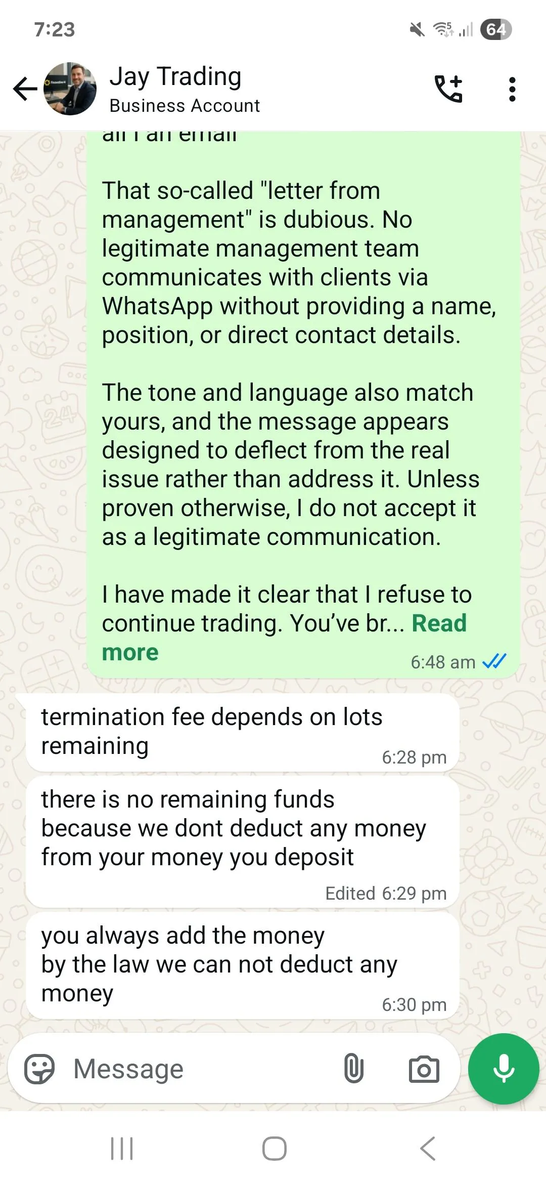 Jay shares a message from an unnamed “upper department” reiterating contract terms, trading lot minimums, and termination fees—without any verifiable identity.