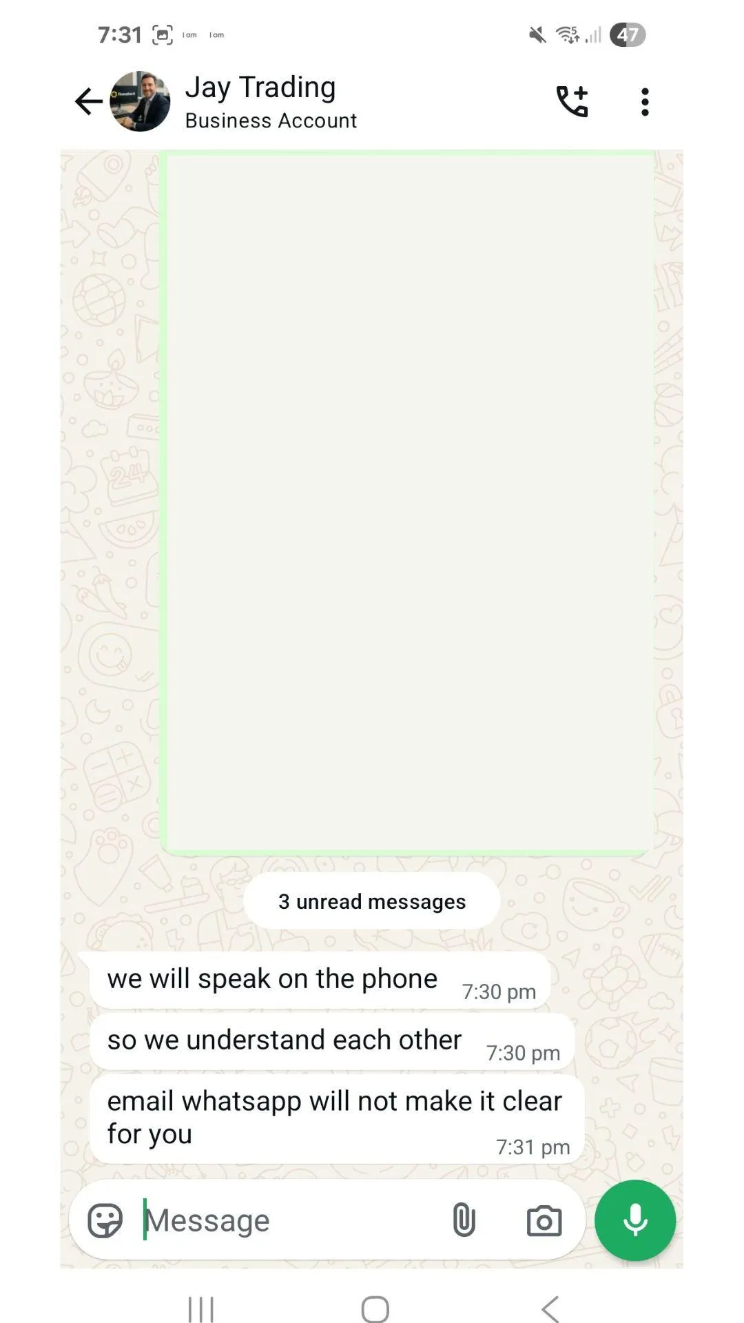 o	Jay Reddy WhatsApp message refusing to explain in writing and insisting on a phone call.