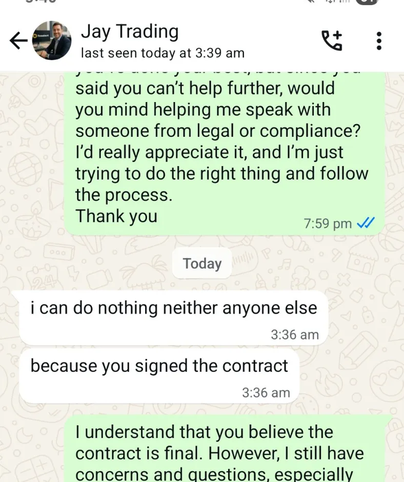WhatsApp message using false legal threats to intimidate the user into compliance.