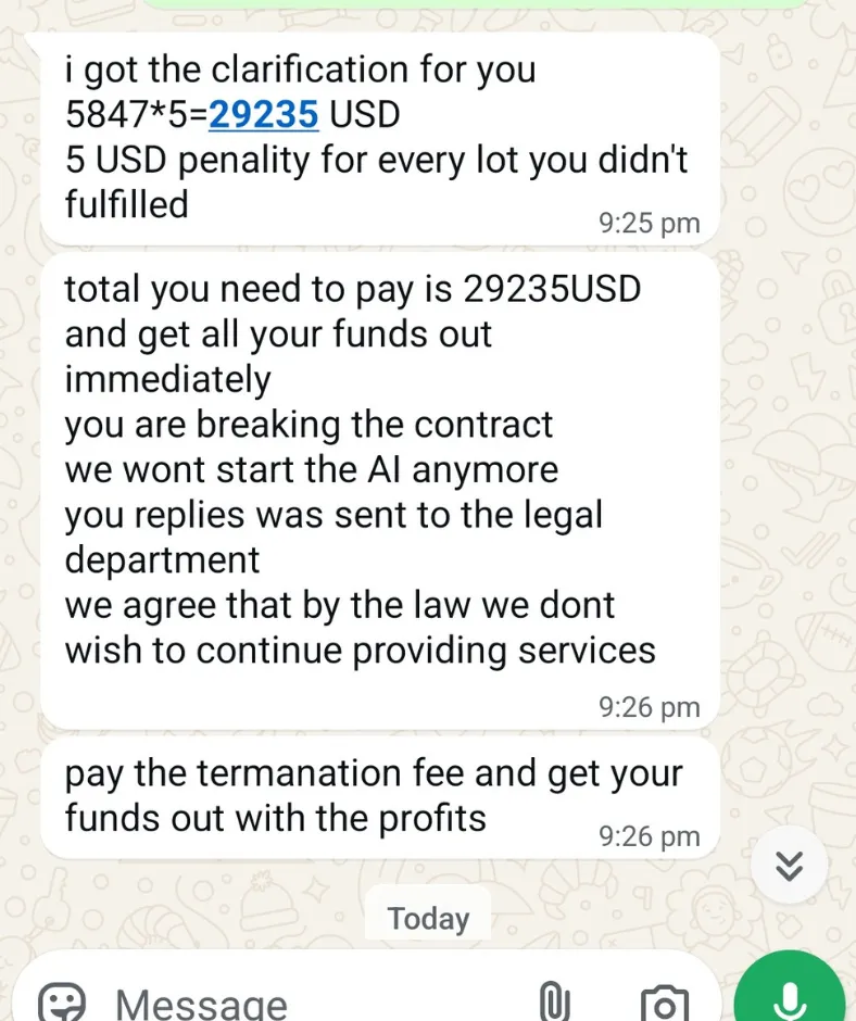 WhatsApp message demanding a fabricated $29,235 penalty to prevent fund withdrawal.