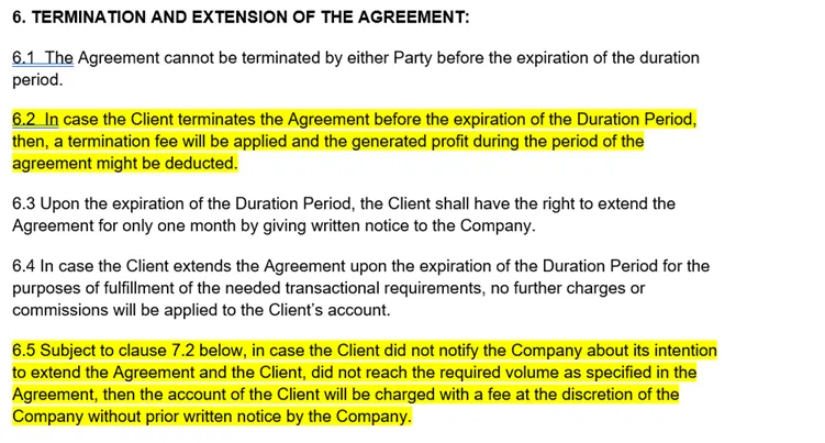 Clause saying the company can charge fees without notice.