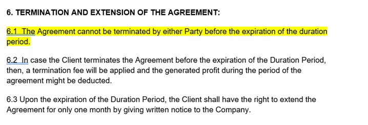 Clause stating that neither party can terminate the agreement before the expiry.