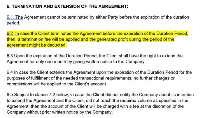 Clause threatening fees and loss of profits if client terminates early.