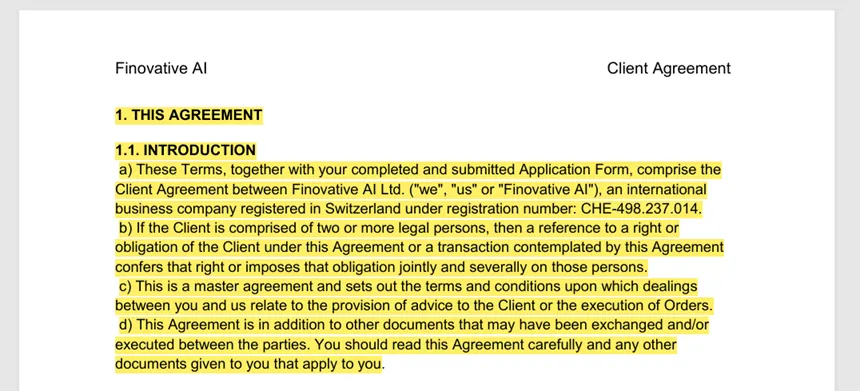 Clause referencing Finovative AI as registered in Switzerland with CHE number.