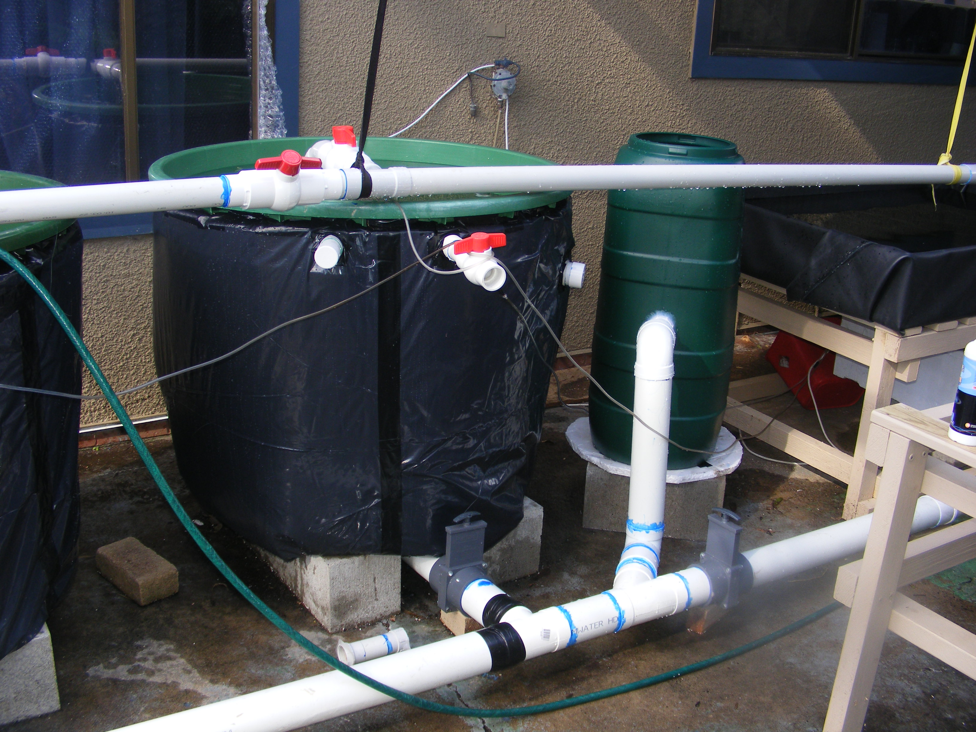 Aquaponics plumbing designed with valves and removable rubber couplings.