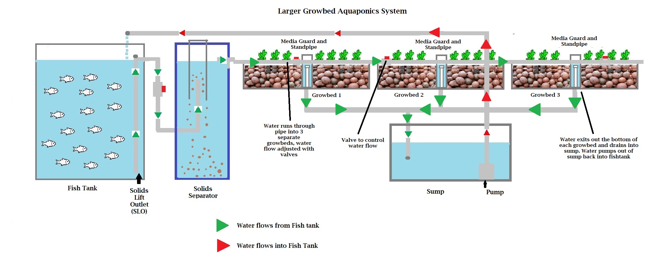Diagram showing a backyard aquaponics system with multiple media grow beds.