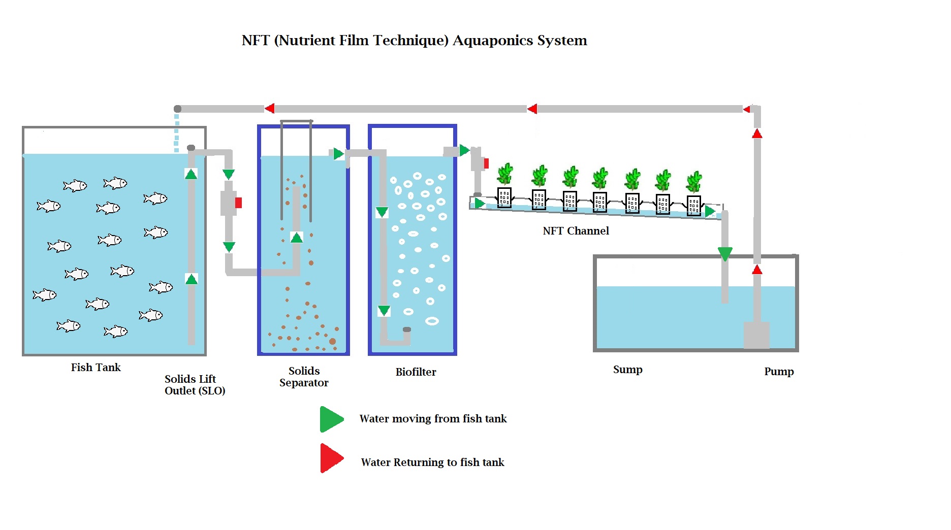 Diagram showing an NFT aquaponics system using channels to grow leafy vegetables.