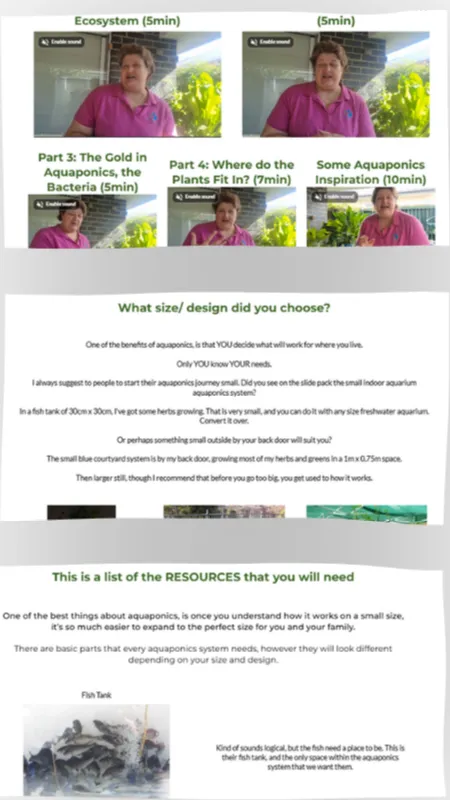 Screenshots showing the three learning sections included in the Backyard Aquaponics Mini Course