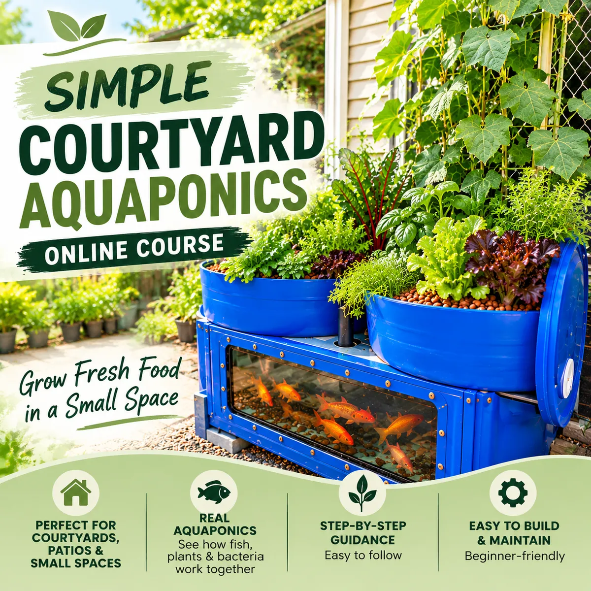 Completed courtyard aquaponics system built for small backyards and patios.