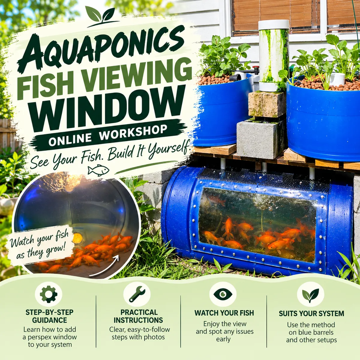 fish window to see your fish in a backyard aquaponics system