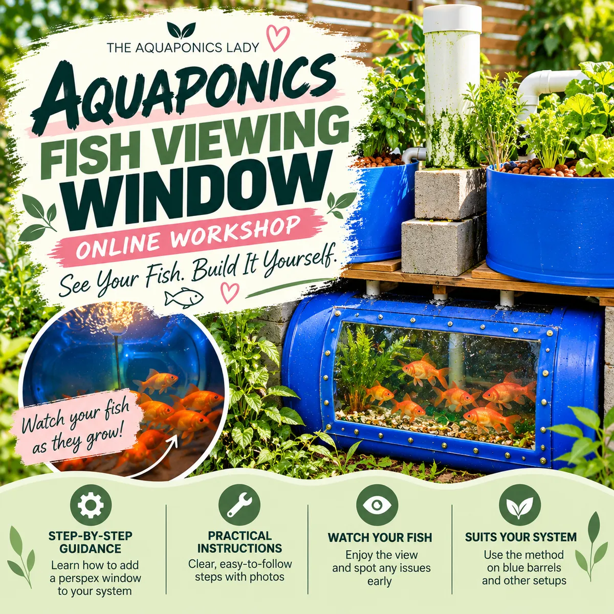 Clear fish viewing window installed in a backyard aquaponics fish tank.