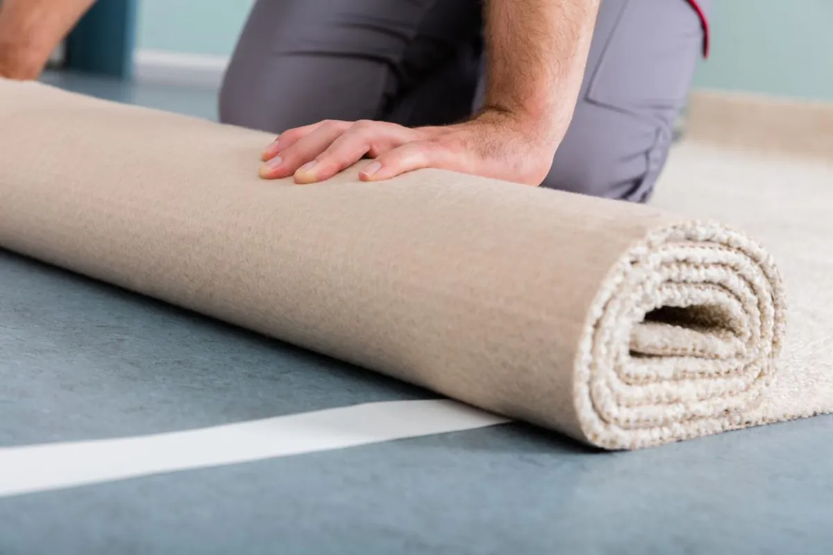 Professional installer fitting carpet during installation