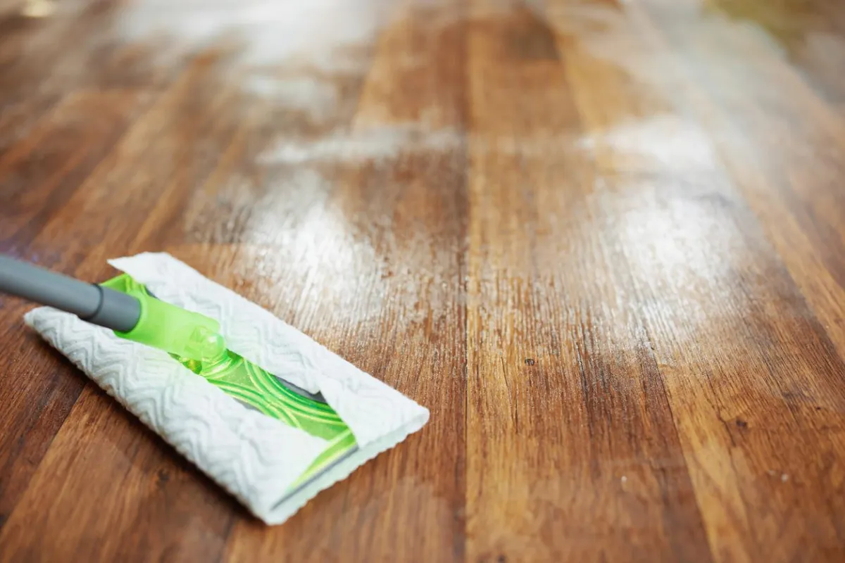 Homeowner cleaning and maintaining vinyl flooring
