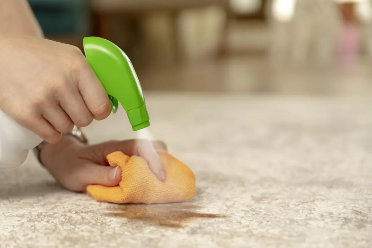 Person spraying cleaning solution on carpet stain for maintenance