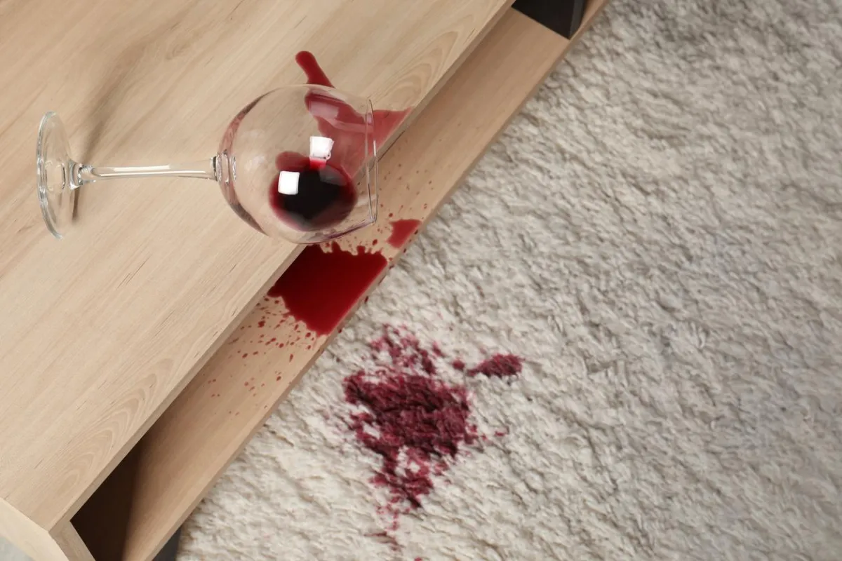 Red wine spill on carpet showing common household stain