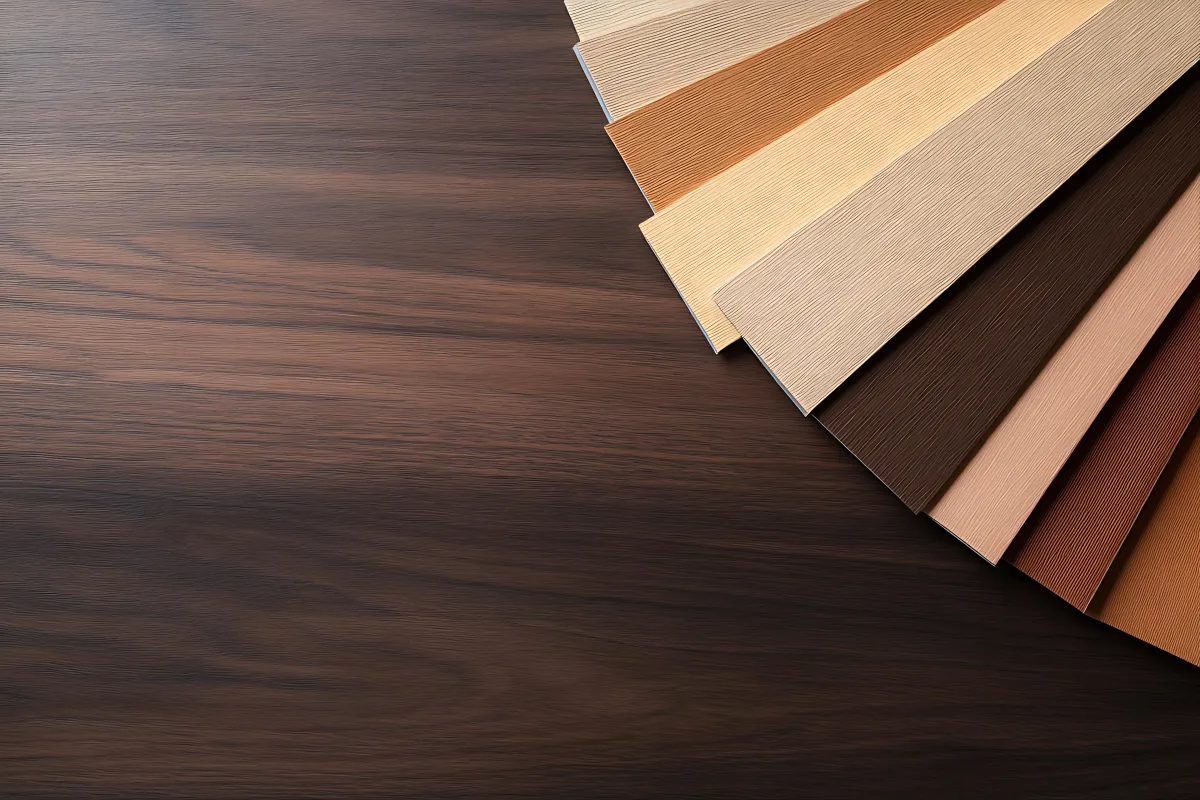 Wood-look vinyl flooring planks in multiple finishes displayed on a dark wood background.