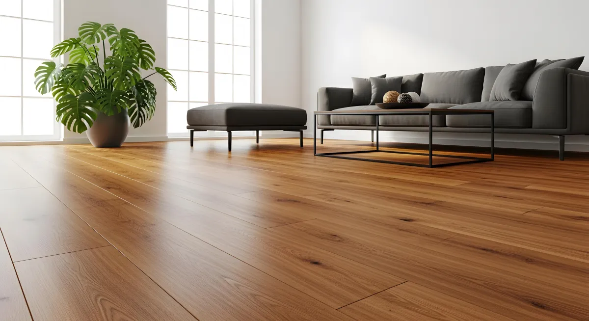 Modern living room with wood-look flooring, natural light, and contemporary furniture.