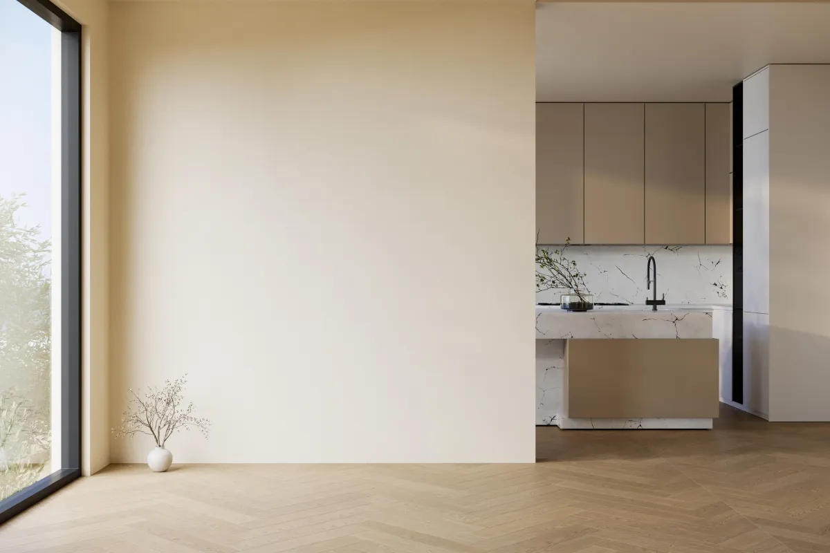 Modern open-plan living space with light wood-look flooring and minimalist design.