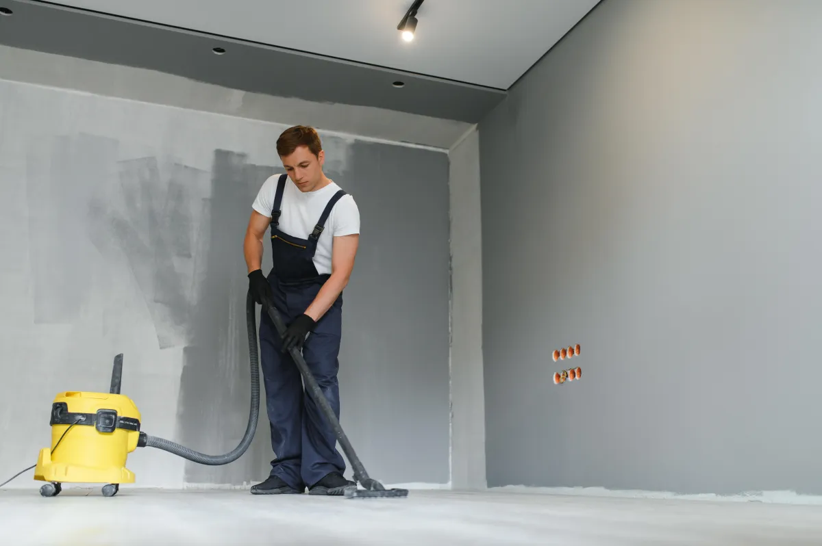 Professional installer preparing a subfloor using a vacuum system during flooring installation.