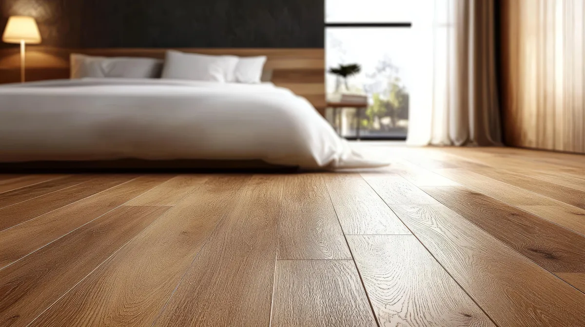 Wood-look flooring installation in a modern bedroom with warm tones and clean lines.