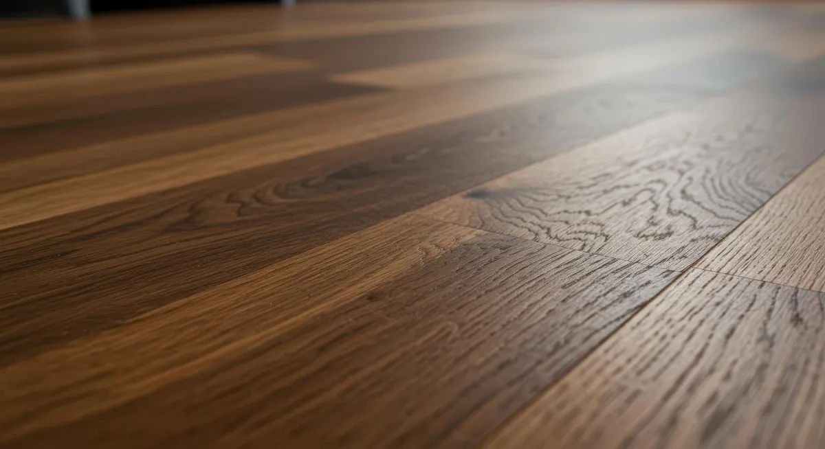 Close-up of wood-look flooring planks with natural grain and warm brown tones.