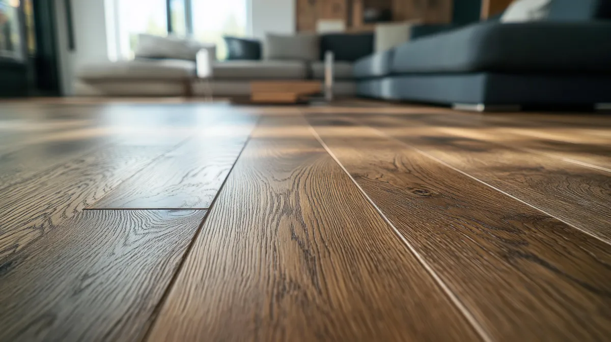 Man installing hardwood floor panels during home renovation