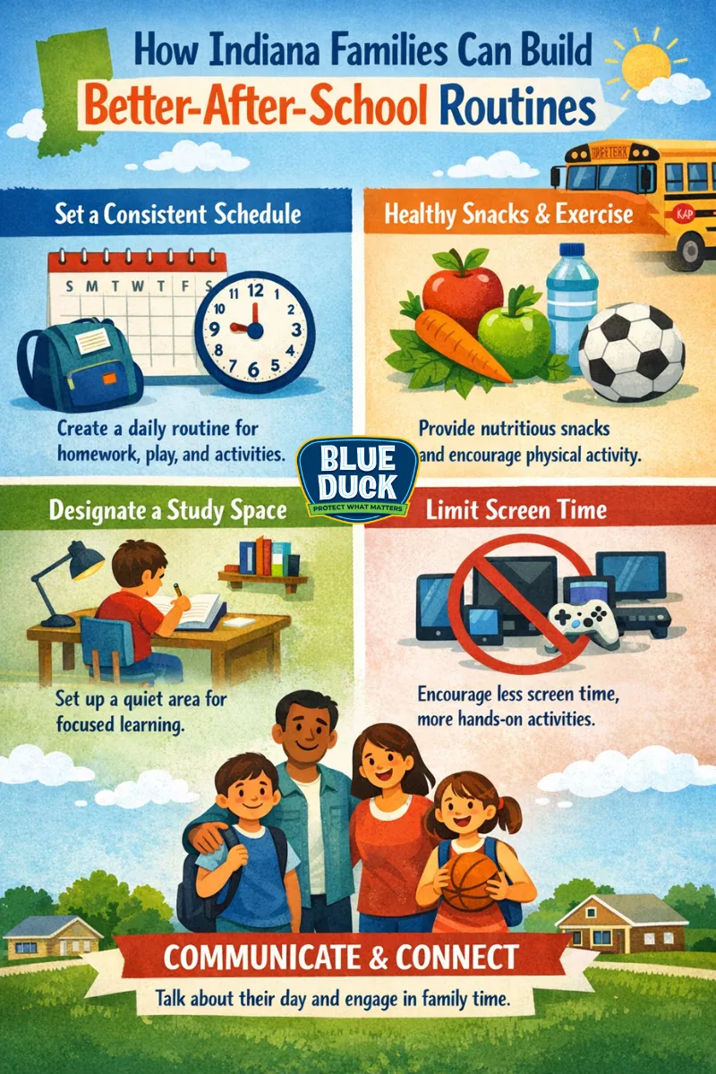 Tips for better after-school routines for Indiana families, including consistent schedules, healthy snacks and exercise, study spaces, limited screen time, and family connection.
