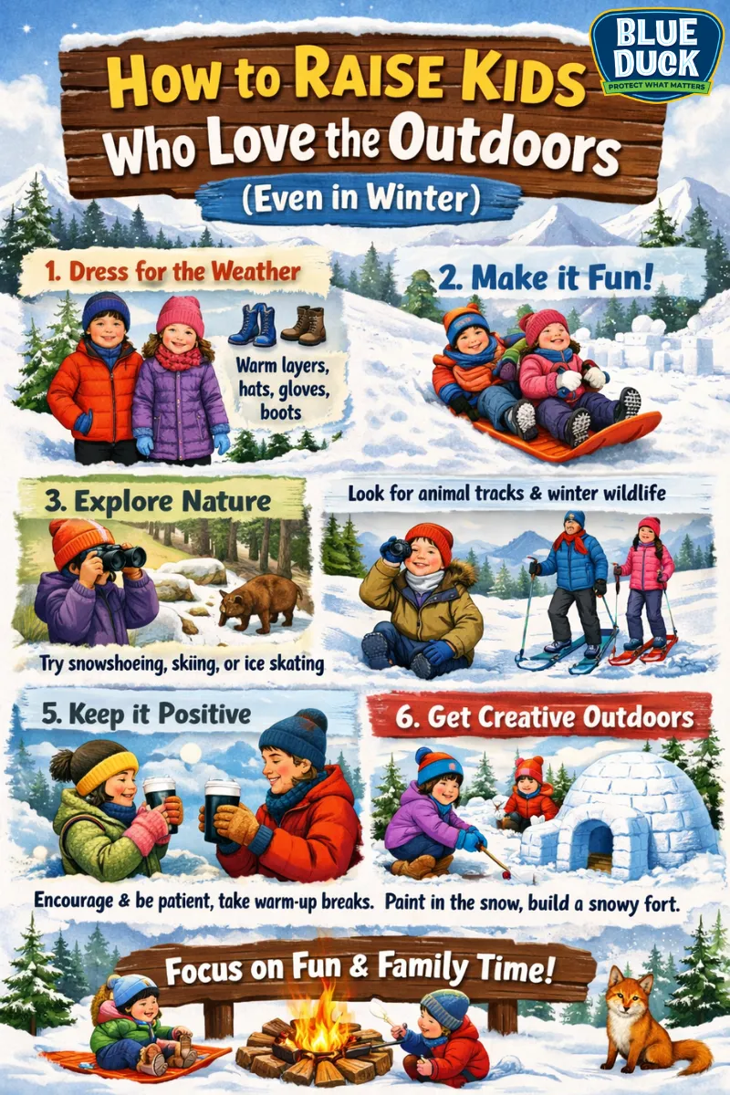 Tips for raising kids who love the outdoors in winter, including dressing for the weather, sledding, exploring nature, winter sports, staying positive, and creative snow activities.