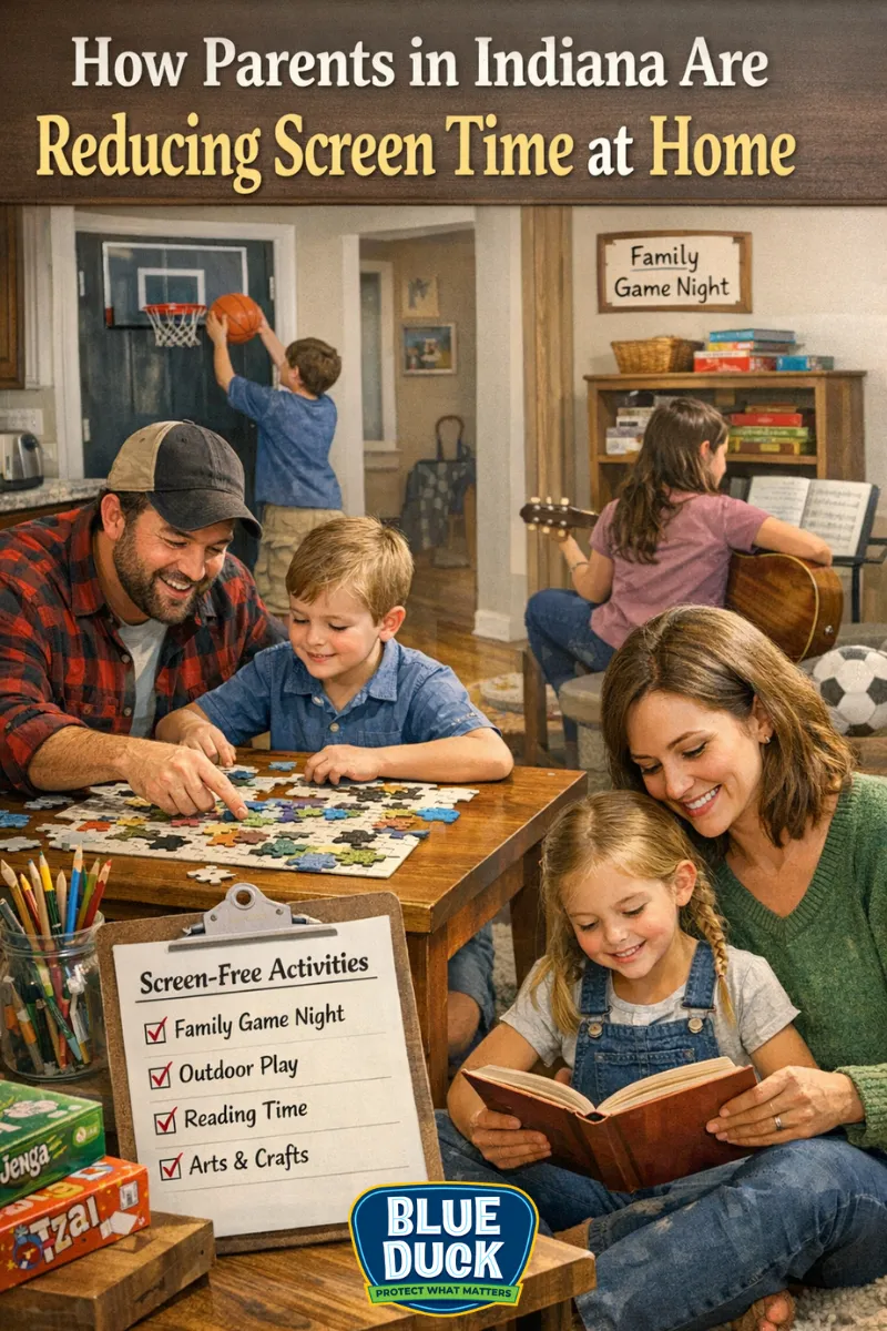 Indiana family spending quality time together at home with screen-free activities like puzzles, reading, music, and indoor basketball, illustrating ways parents are reducing screen time for kids.