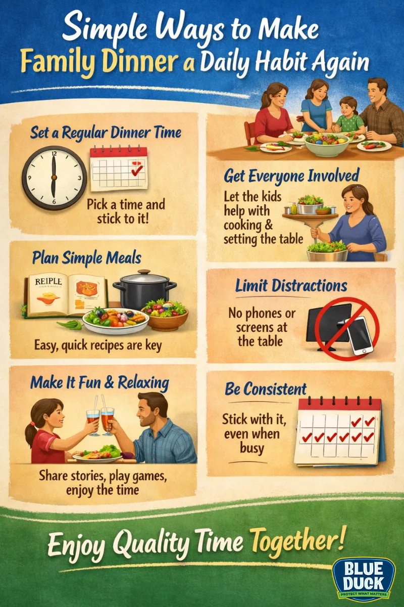 Simple ways to make family dinner a daily habit again, including setting a regular dinner time, planning simple meals, involving kids, limiting screens, and staying consistent.