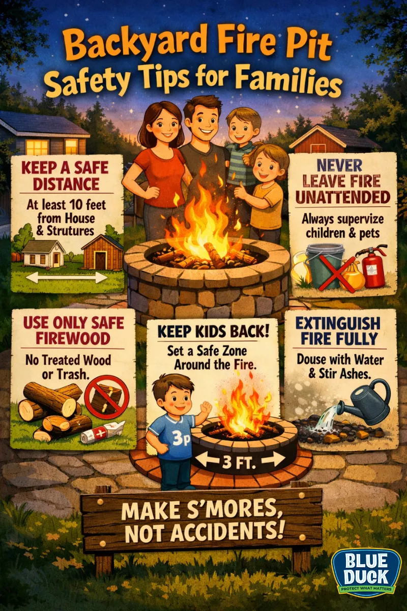 Backyard fire pit safety tips for families, including keeping distance from structures, supervising children, using safe firewood, keeping kids back, and fully extinguishing the fire.