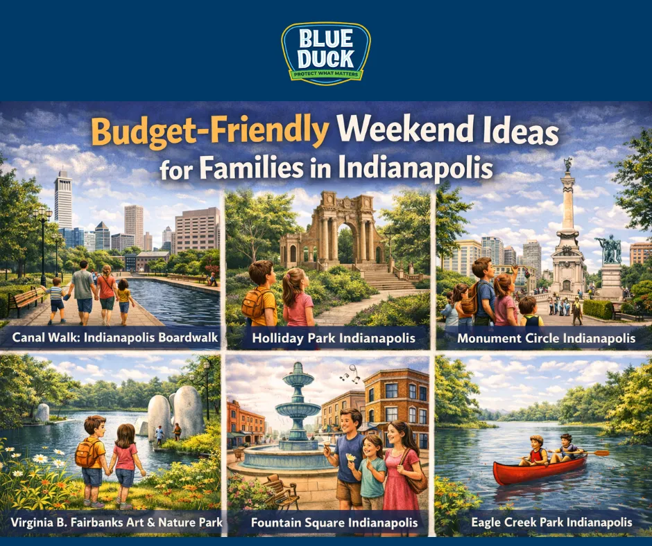 Budget-friendly weekend idea for families in Indianapolis including Canal Walk, Holliday Park, Monument Circle, Fountain Square, Garfield Park, and Eagle Creek Park.