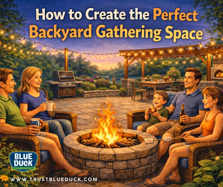 Cozy backyard gathering space with fire pit seating, outdoor lighting, and dining area showing how to create the perfect backyard for relaxing and entertaining guests.