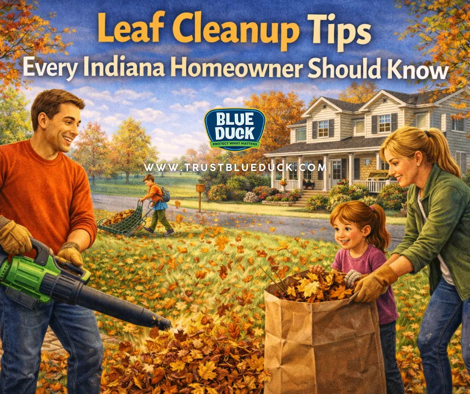 Family raking and blowing autumn leaves in a suburban yard, illustrating leaf cleanup tips every Indiana homeowner should know for maintaining a healthy fall lawn.