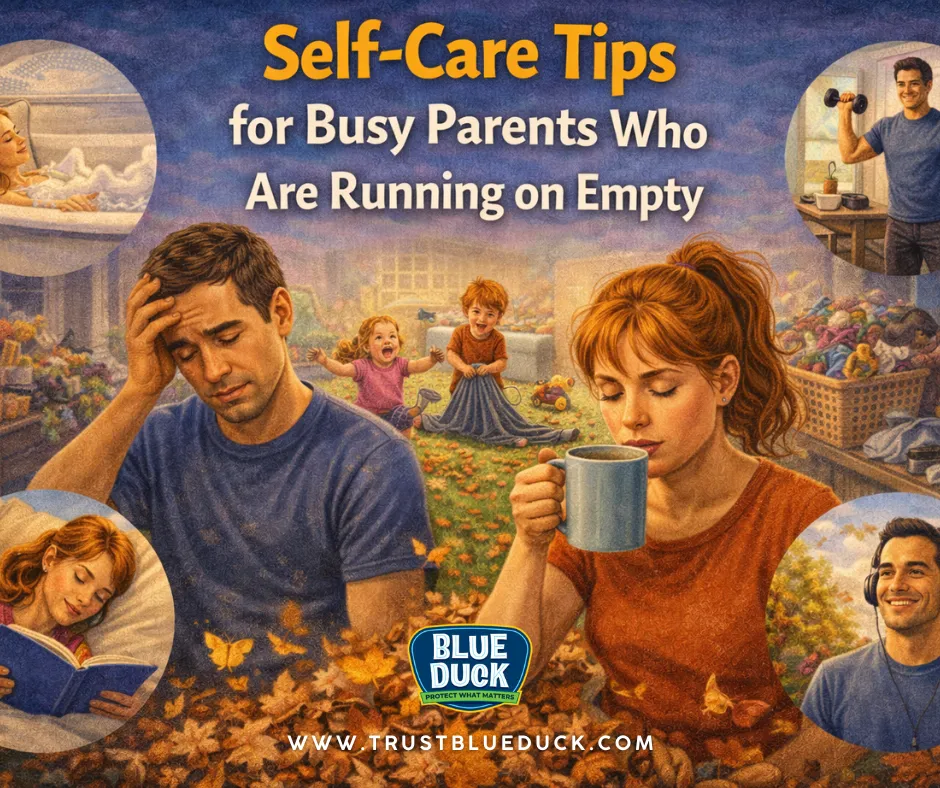 Tired parents surrounded by daily chaos with calming self-care moments like reading, exercise, and relaxation, illustrating self-care tips for busy parents who are running on empty.