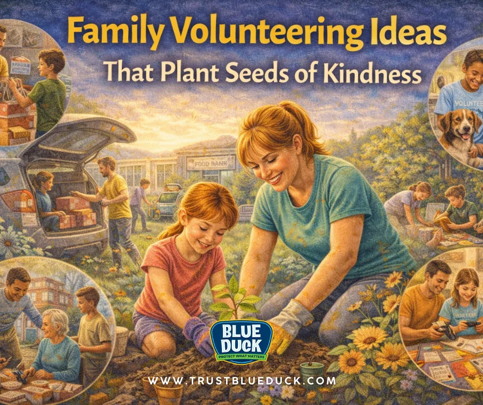 Family planting a tree, donating food, helping at an animal shelter, and making cards together, illustrating family volunteering ideas that teach kindness and community service.