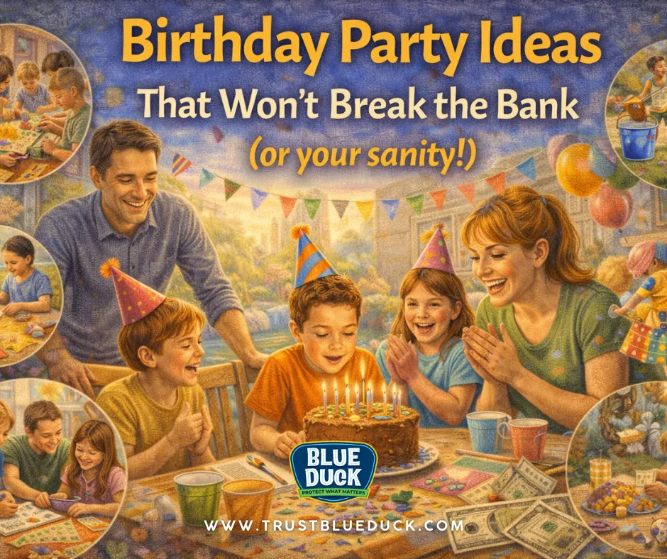 Children celebrating with a homemade cake, crafts, outdoor games, and simple decorations, showing budget-friendly birthday party ideas that are fun and stress-free for families.