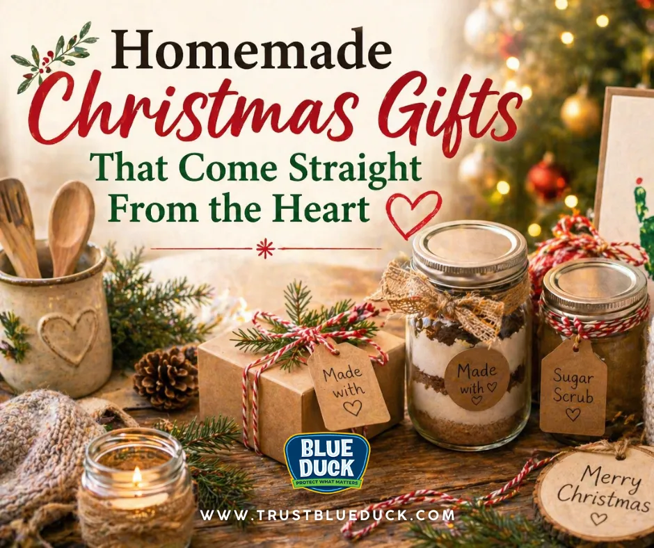 Rustic holiday table with jars, handmade crafts, and wrapped presents beside a Christmas tree, showcasing homemade Christmas gifts that are thoughtful, personal, and budget-friendly.