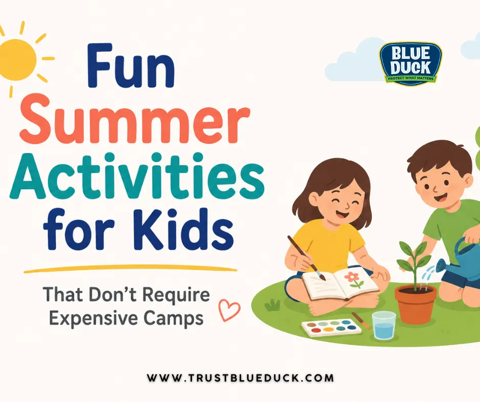 Children painting and gardening outdoors in a sunny backyard, showing fun summer activities for kids that encourage creativity and learning without expensive camps.