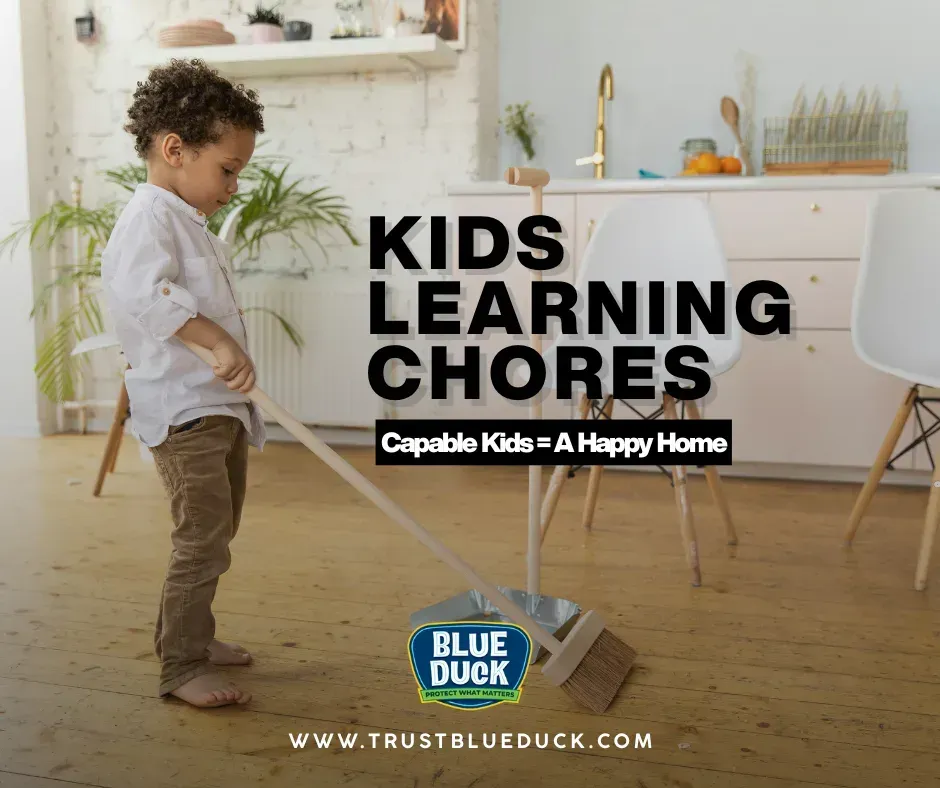 Young child sweeping floor with broom, demonstrating age-appropriate chores for kids that build responsibility and independence