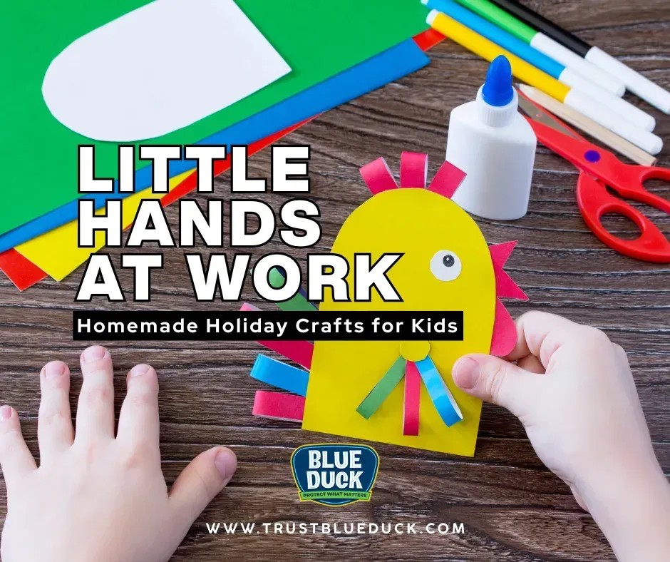 Child's hand gluing decorations on paper, demonstrating homemade holiday crafts for kids with simple materials