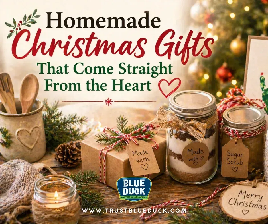 Rustic holiday table with jars, handmade crafts, and wrapped presents beside a Christmas tree, showcasing homemade Christmas gifts that are thoughtful, personal, and budget-friendly.